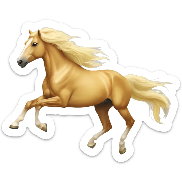 Yellow palomino horse with long flowing mane galloping with prosthetic leg, slender horse, solid yellow horse, running, yellow horse galloping with prosthetic leg, pretty horse sticker