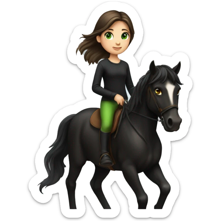 A pale little girl with dark brown hair, green eyes, orange pants and a black shirt riding a black horse  sticker
