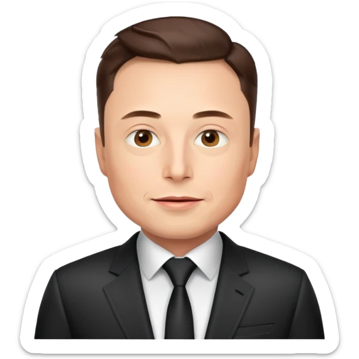 Elon Musk emoji, tech entrepreneur style, with a slight smirk, wearing a futuristic suit, hint of SpaceX or Tesla vibe, minimalistic and clean design, suitable for messaging apps sticker