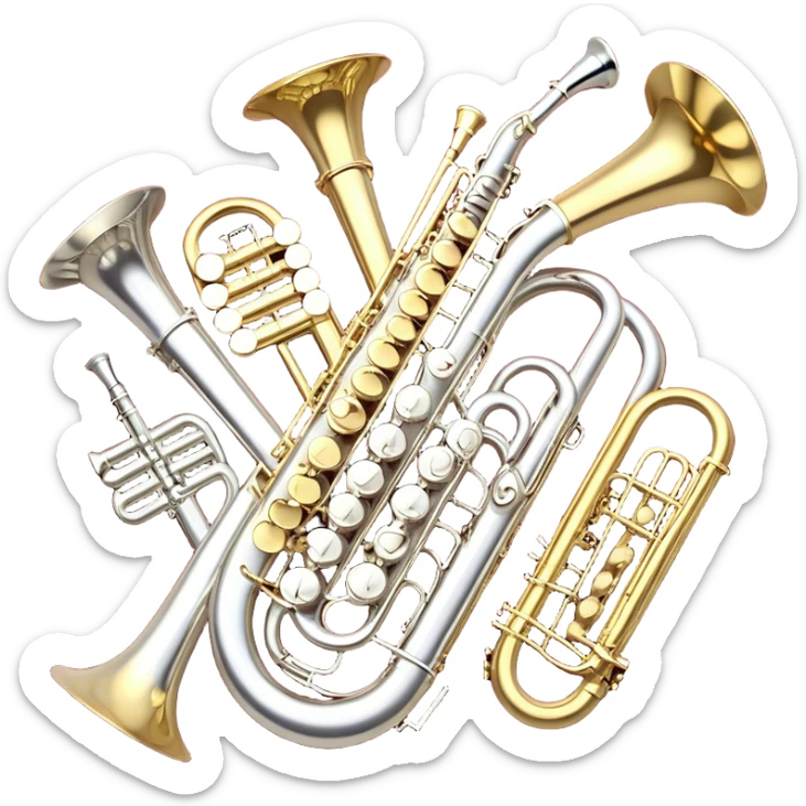 Create a festive and elegant emoji collage featuring a bouquet or fan of bells of wind instrument  (trumpets, saxophones, trombones, tubes, etc.) arranged in a radiant, symmetrical pattern. The instruments should have polished, golden and silver finishes, with their large, shiny bells forming a beautiful, fan-like display. Include a flowing ribbon of musical notes swirling through the center, conveying movement and melody. The background should feature a deep red velvet texture, adding a touch of luxury and sophistication. The overall composition should be balanced, with an elegant and regal feel, with a transparent background to keep focus on the instruments and musical elements. sticker