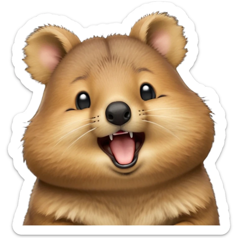 cinematic-realistic  yawning quokka-emoji,-small-round-frame, head tilted in an endearing manner, wouth wide open yawning, sleepy comical smile, round cheeks, giant-fluffy-cheeks-large-smile-fluffy-brown-fur-radiating-a-warm-softness,-big-round-eyes-filled-with-joy, realistic round  fluffy zoomed in, large black eyes one paw raised in the air sticker
