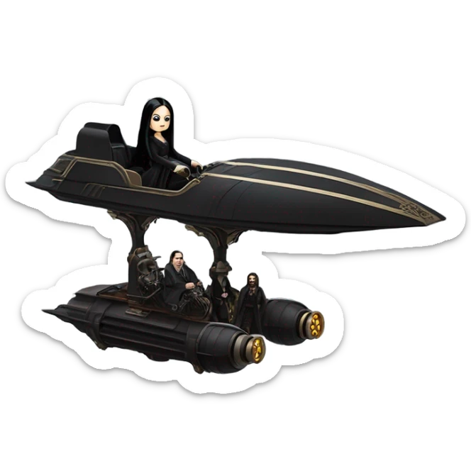 Jedi Morticia Addams riding  a Jumpspeeder anti-gravity repulsorlift imperial speeder steampunk  sticker