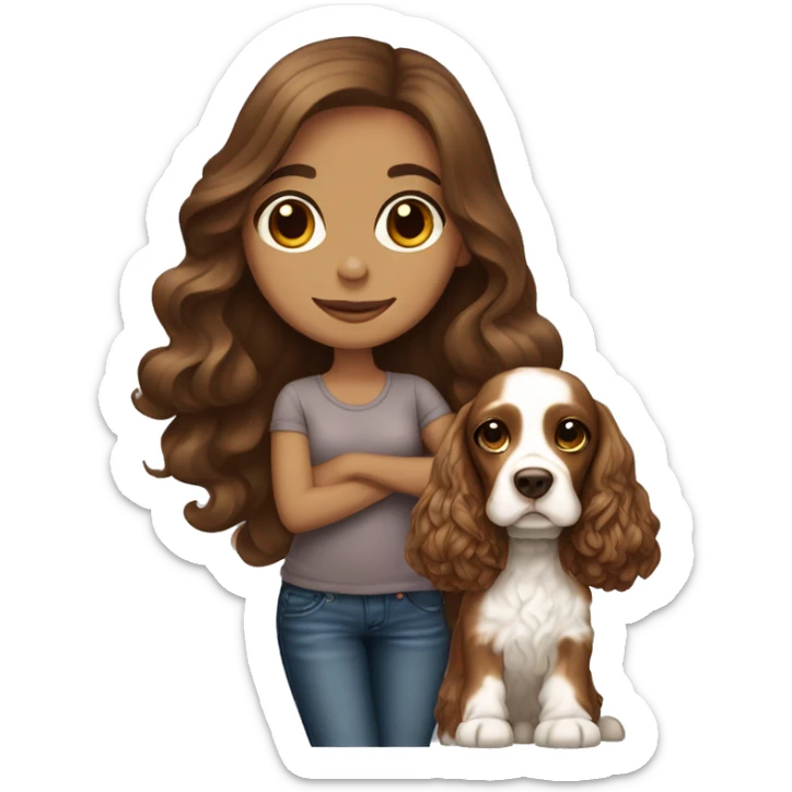 Beautiful stylish girl with with long brown hair holding on her arms English Cocker Spaniel sticker