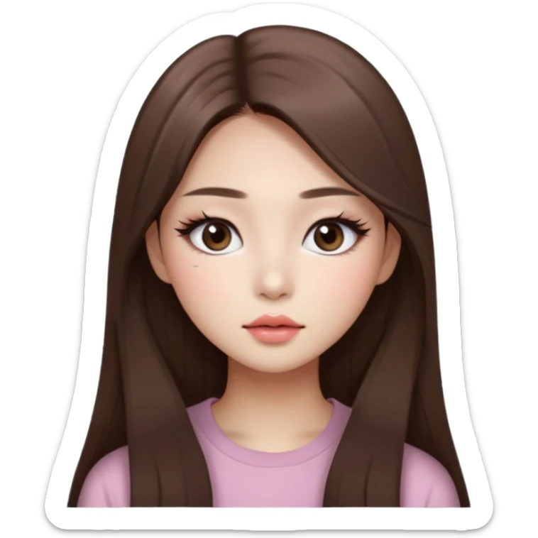 “korean straight long brown hair Emoji girl, soft eyeliner and blush, gradient lips, light brown shimmer eyeshadow sticker