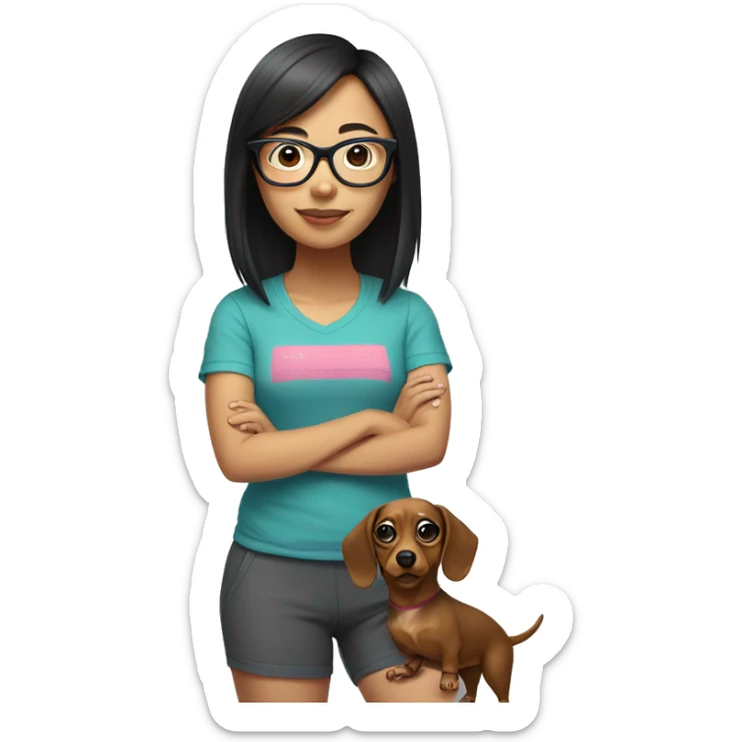 Short asian girl with glasses wearing workout shorts and tshirt and crocs holding a dachsund sticker