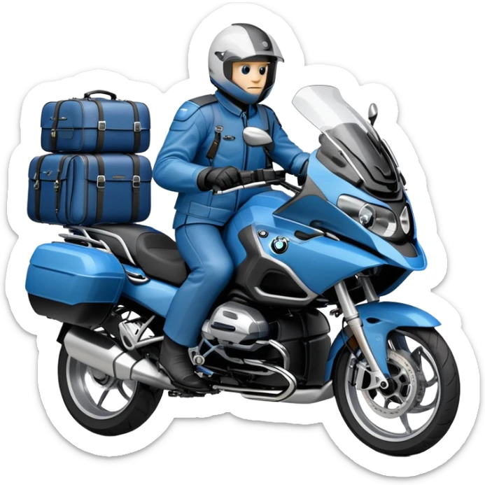 blue BMW R 1200 RT touring motorcycle with rider and luggage panniers sticker