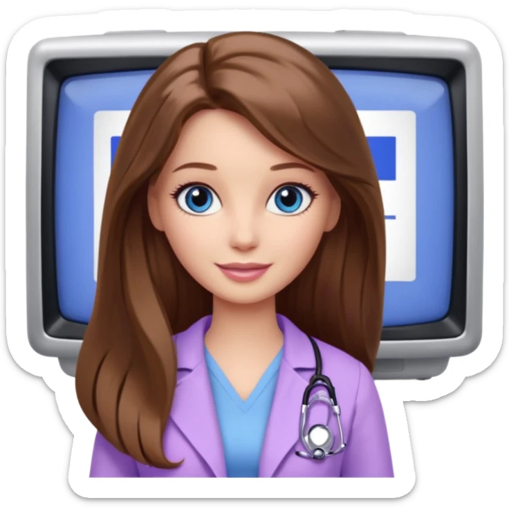 beautiful barbie girl with long brown hair, blue eyes and wearing light purple clothes watching dr who on tv sticker