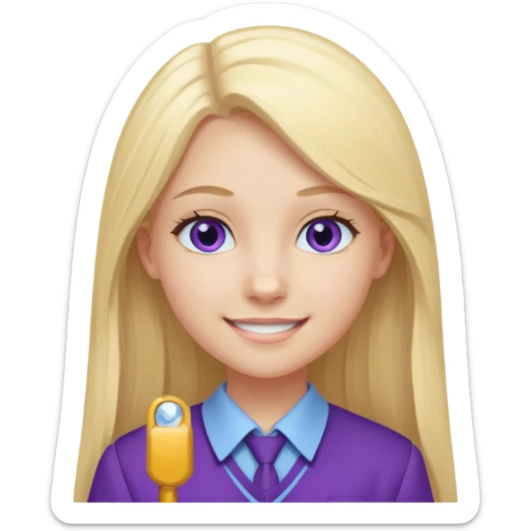 A pale girl with light blue eyes and long and blonde straight hair , smiling wearing a purple school uniform  sticker