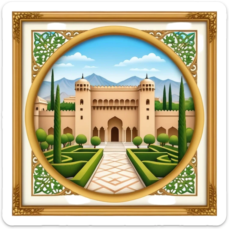 Cinematic Realistic Alhambra Landmark Emoji, showcasing the ornate historic palace with lush gardens rendered with rich textures and soft, majestic lighting. sticker