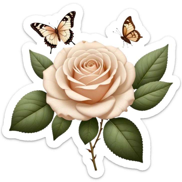 white Ascott tea rose next to a beige aesthetic vintage style leaf and a brown beautiful butterfly sticker