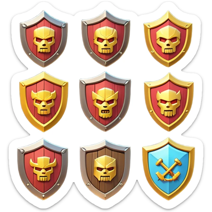 Clash of Clans aesthetic: Cinematic Playful 3D Isometric Shield Emoji, rendered in a 3D vector-style similar to standard emojis with minimal shading and bold, simplified shapes. A compact, distinct form with signature details, softly glowing with a fantasy RPG magic charm. Simplified yet unmistakably iconic, highly detailed and consistent, glowing with a soft radiance and high shine. Stylized with a touch of heroic grandeur and a soft glowing outline, capturing the essence of a beloved gaming relic with a friendly, playful manner! sticker