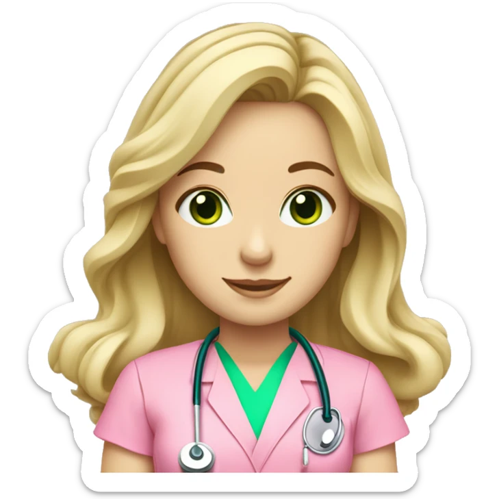 pale blonde girl with long wavy hair and green eyes wearing pink scrubs and stethoscope  sticker