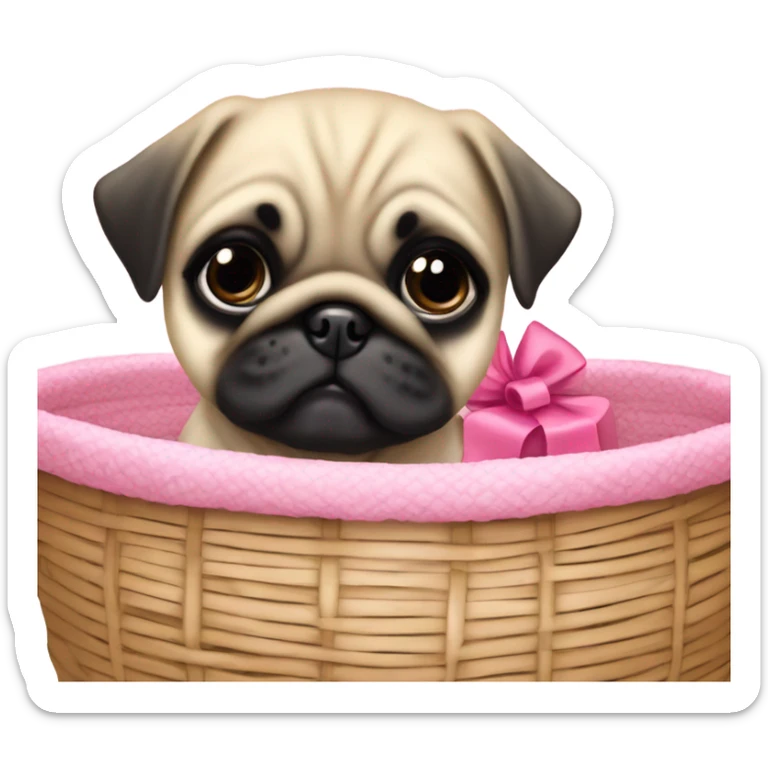 Baby pug with big pink
eyes wearing a pink bow sitting in a dog basket  sticker
