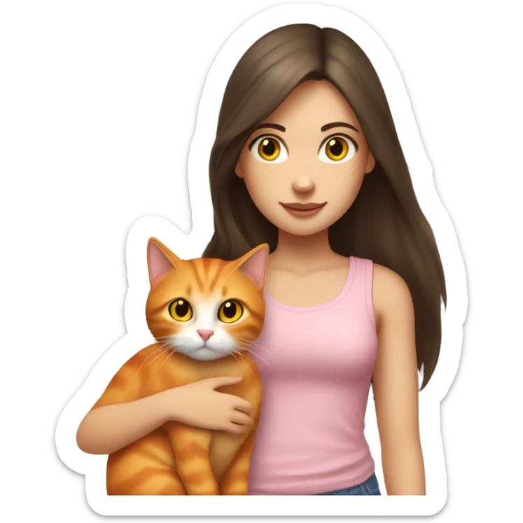 a white girl with hazel eyes and dark brown long hair petting her orange cat with yellow eyes. the girl is wearing a pink tank top with light wash jeans.  sticker