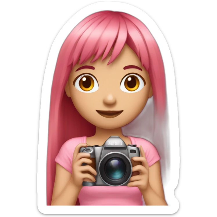 girl with long, straight rose hair and fringe and holding camera and wearing pink bralette sticker