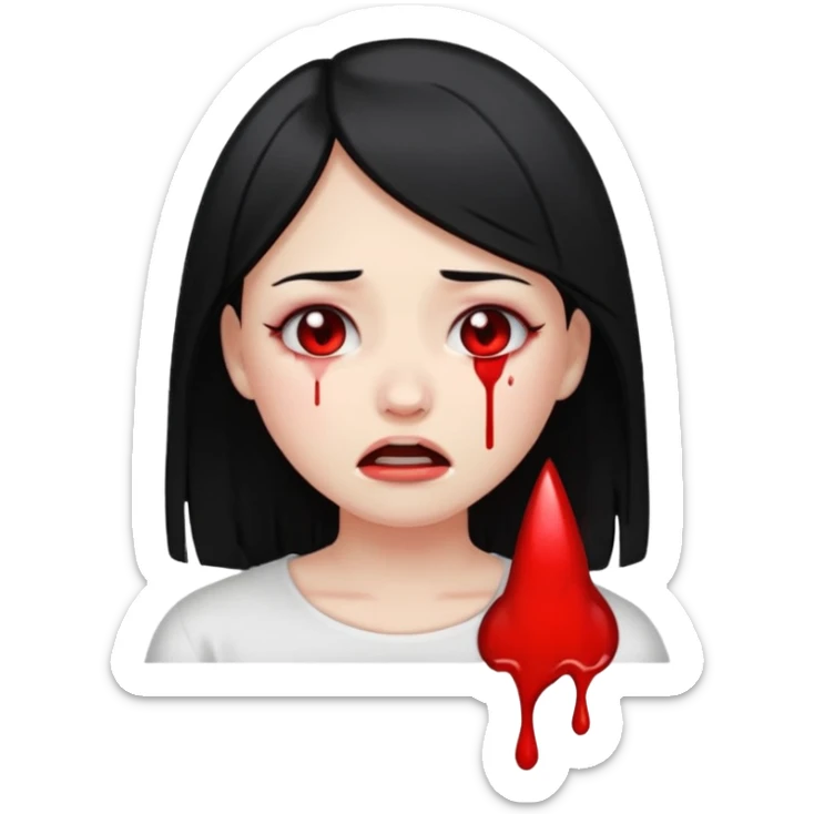 close-up face of pale girl with black straight hair, crying blood, emoji style sticker