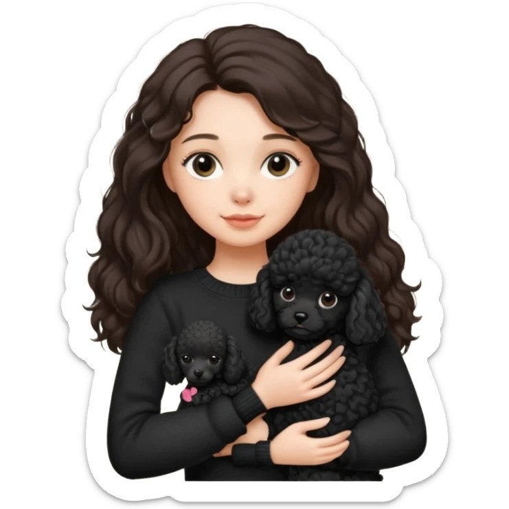 One Brunette girl with long hair in a black sweater holds a single black Poodle puppy in her arms sticker