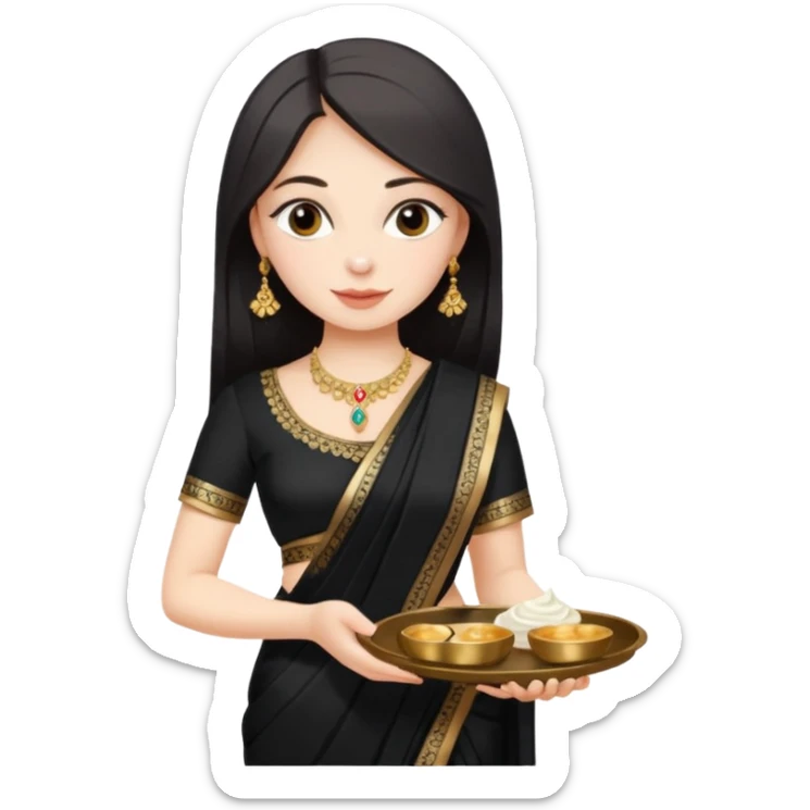 Russian girl in Indian black saree with full image from head to leg and holding a cream colour small tray in her both hands sticker