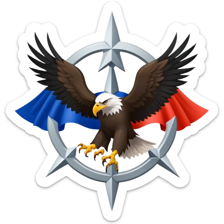 eagle against the background of the Russian flag and a black and white wind rose sticker