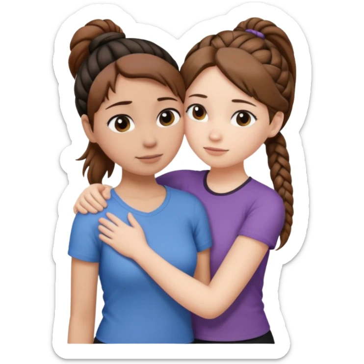 Comforting Hug two white skin women, one shorter woman with brown simple top ponytail, not braided, and one taller woman with a single long black side braid sticker