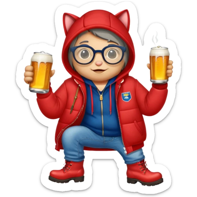 Catfish in red winter jacket with hood, round glasses, blue jeans, red boots, holding a beer can with red label sticker