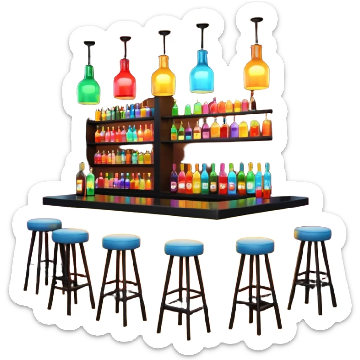 A 3D cartoon bar interior with a counter, glowing shelves of colorful bottles, tall stools, and hanging lights, warm ambient lighting, realistic reflections, Memoji-style. Photo Frame. Negative : Transparent. sticker