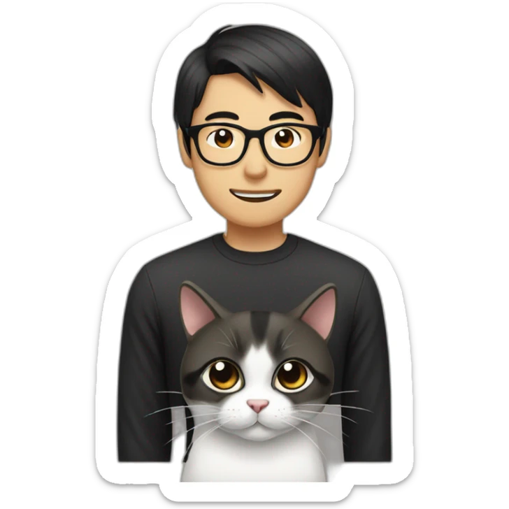 round tan bespectacled Asian Man with black neck length hair and a black and white cat sticker