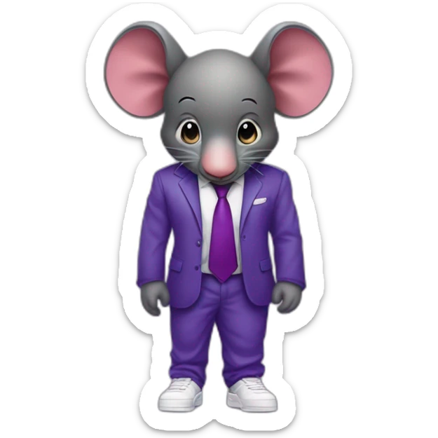 raton tipo real gigante de cuerpo entero con traje de etiqueta y tenis jordan air force y orejas de elefante morado sticker