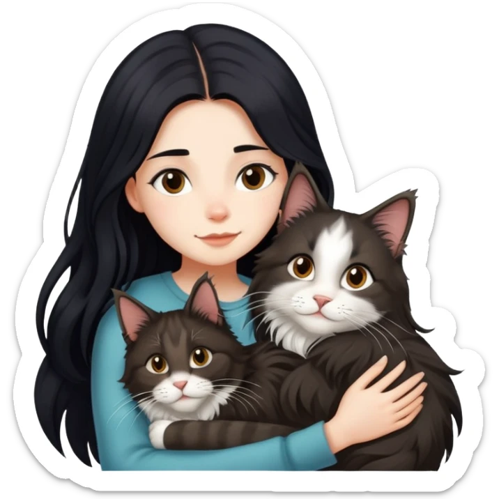 A girl with long black  hair tightly hugged a Maine coon sticker