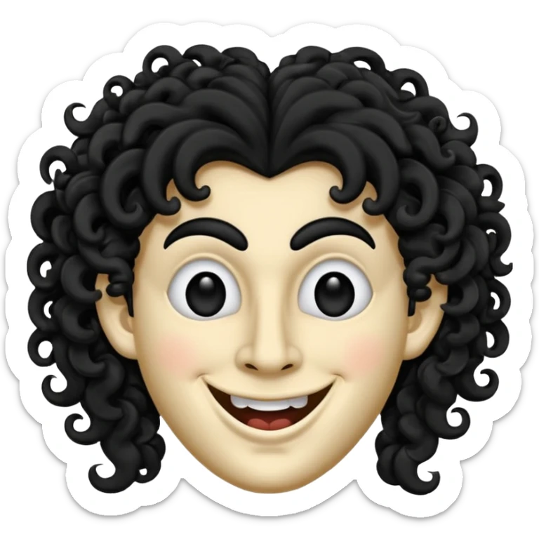 generate theatre mask emoji with a big curly black hair 

wide black coloured smile, long and pointy white nose with no nostrils, pitch black eyes sticker
