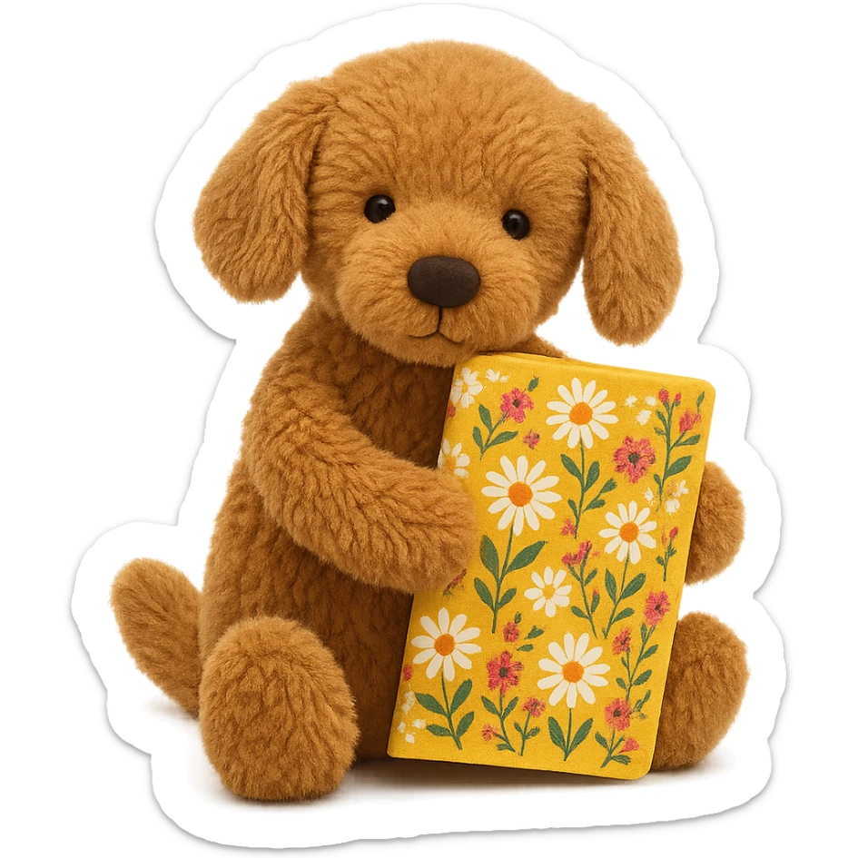 Jellycat style brown golden retriever puppy holding a yellow floral journal  sticker