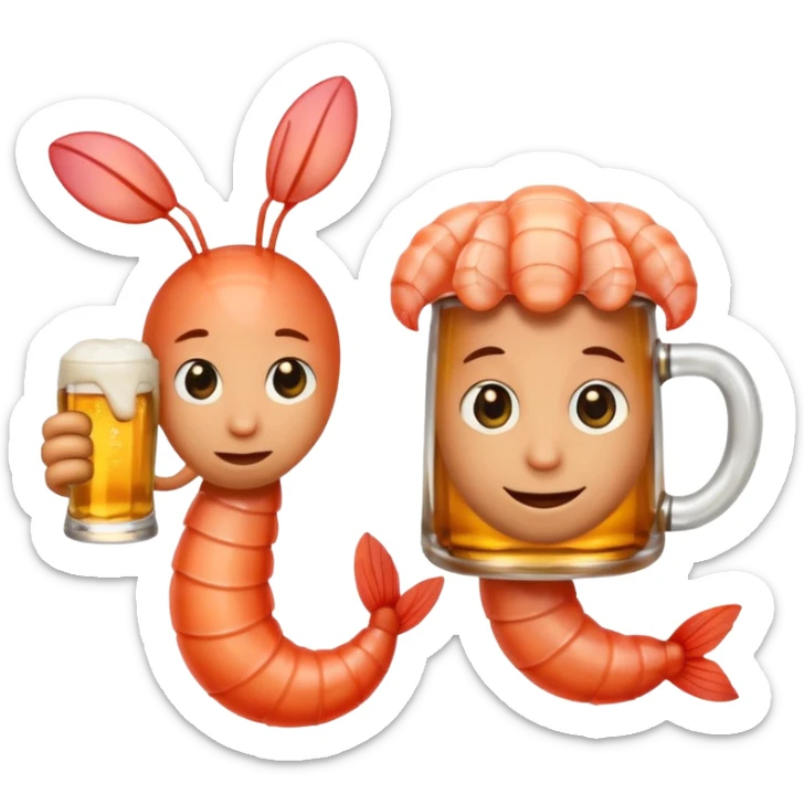 Design a trendy emoji-style illustration of two shrimp peeking from behind text, only half of their bodies visible, curious and playful expressions.
One shrimp holding a beer mug, the other pointing forward.
 sticker