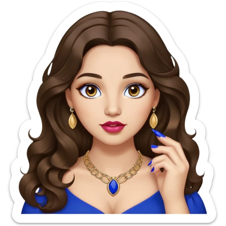Light skinned girl, long wavy dark natural brown hair center-part with face framing pieces, big hazel eyes, small gold necklace, royal blue top, prominent blush, big lips, fancy long acrylic nails done, holding lipstick. She is curvy sticker