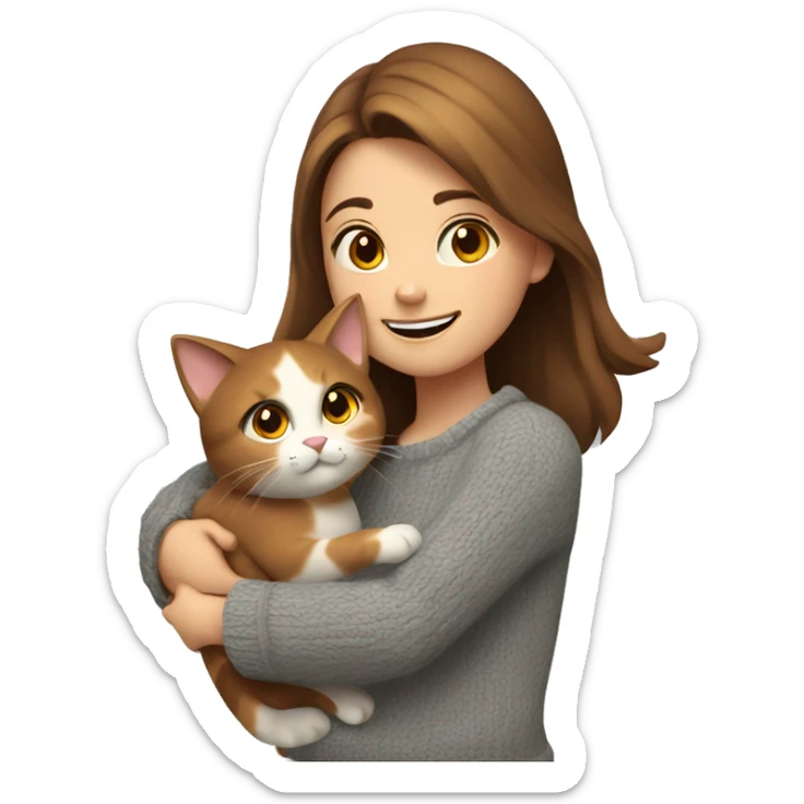 A girl with brown hair in gray sweater hugs calico cat and smile sticker