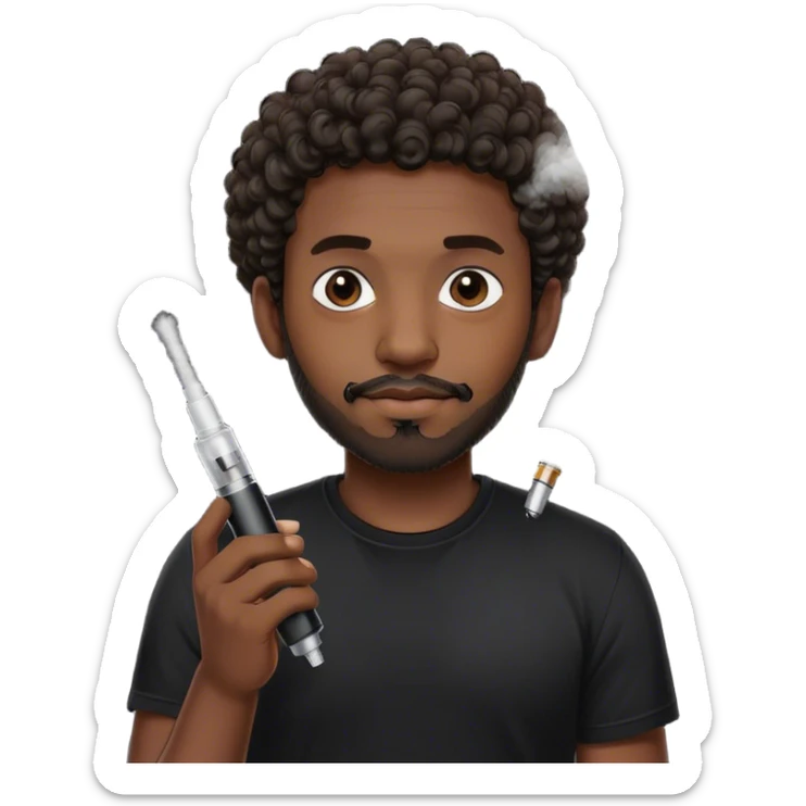 dark black guy, short curly hair, facial hair, holding vape, black shirt  sticker
