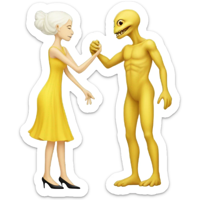 Alien reptilian woman in yellow dress, and, human white skin man in black dress, hugging sticker