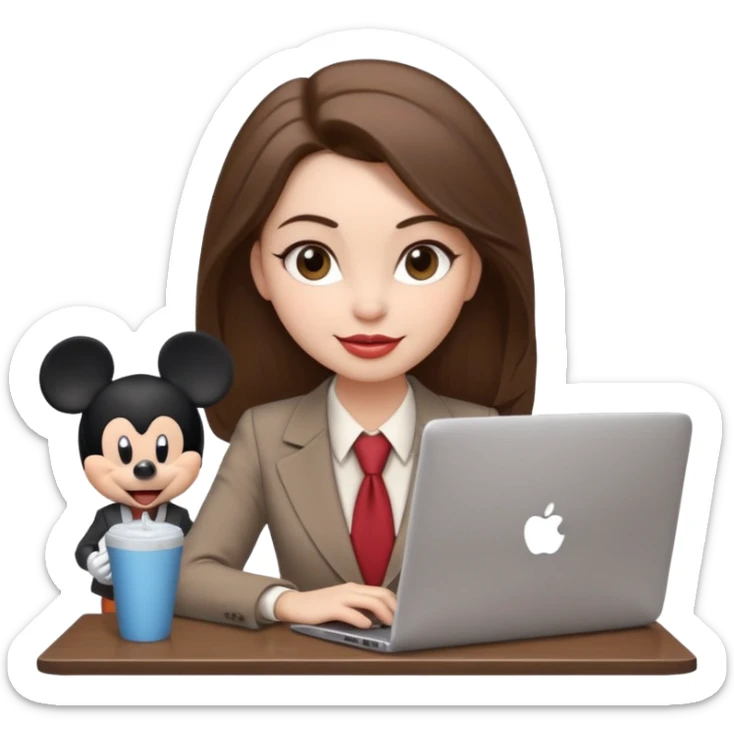 Women in front of one laptop that has a Mickey sticker on it, with a happy face, face fuller, lips plump, full eyebrows, dirty brown hair, light brown big eyes, light pale skin with a iced coffee on the side, business attire, who is typing sticker