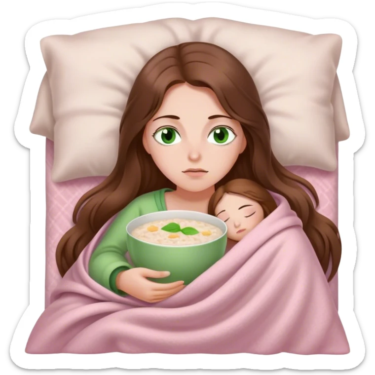 woman with very long brown hair and green eyes in a light pink blanket sleepy with porridge sticker
