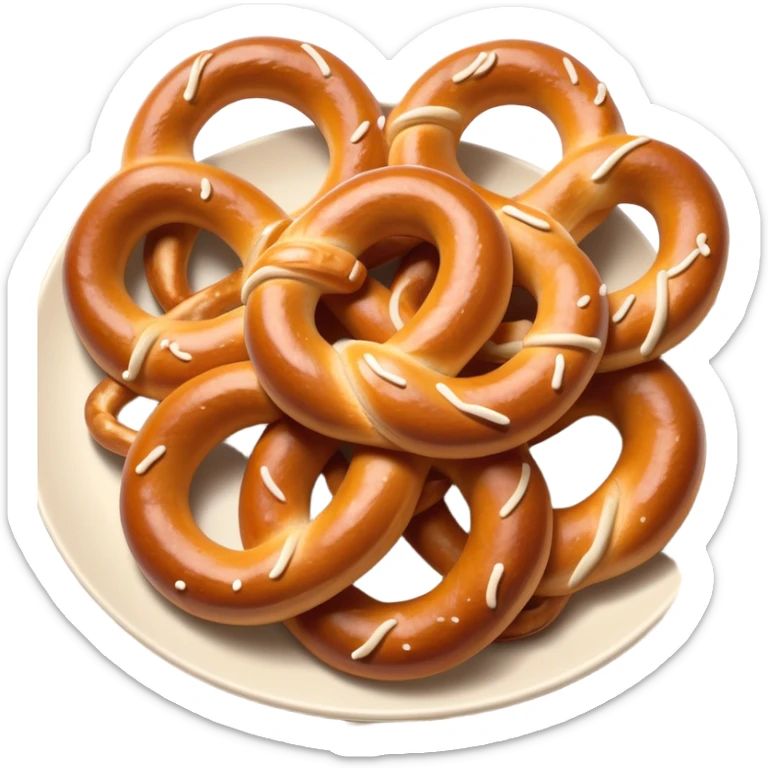 Cinematic Realistic Pretzels Dish Emoji, featuring freshly baked, twisted pretzels with a glossy, salted crust rendered with detailed textures and warm, appetizing lighting. sticker