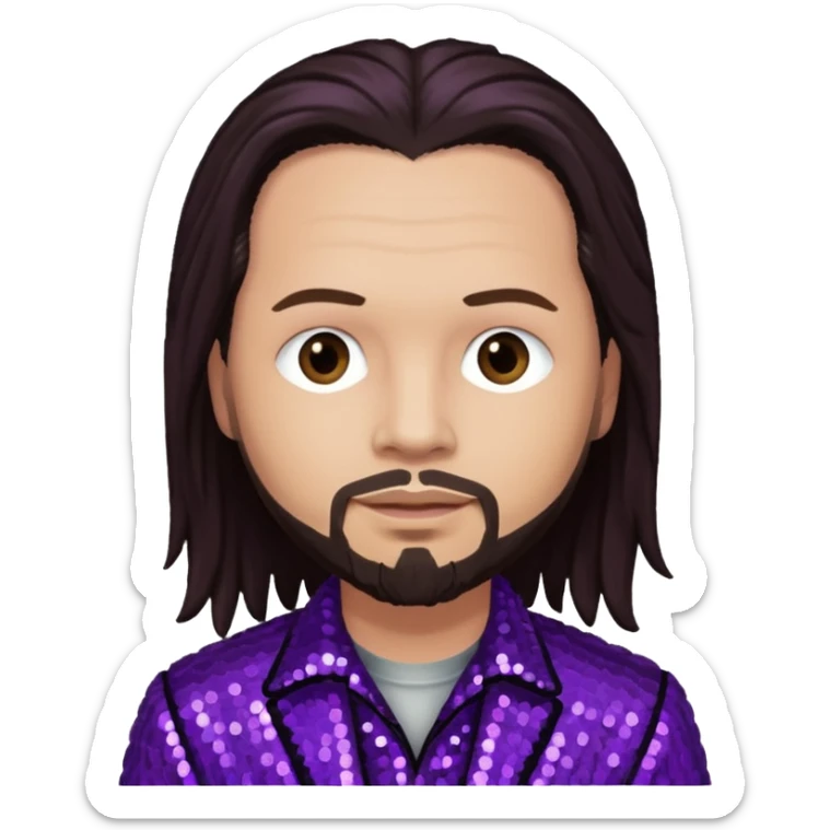 Jonathan Davis from Korn with long dark brown hair, light skin, purple sequin outfit sticker