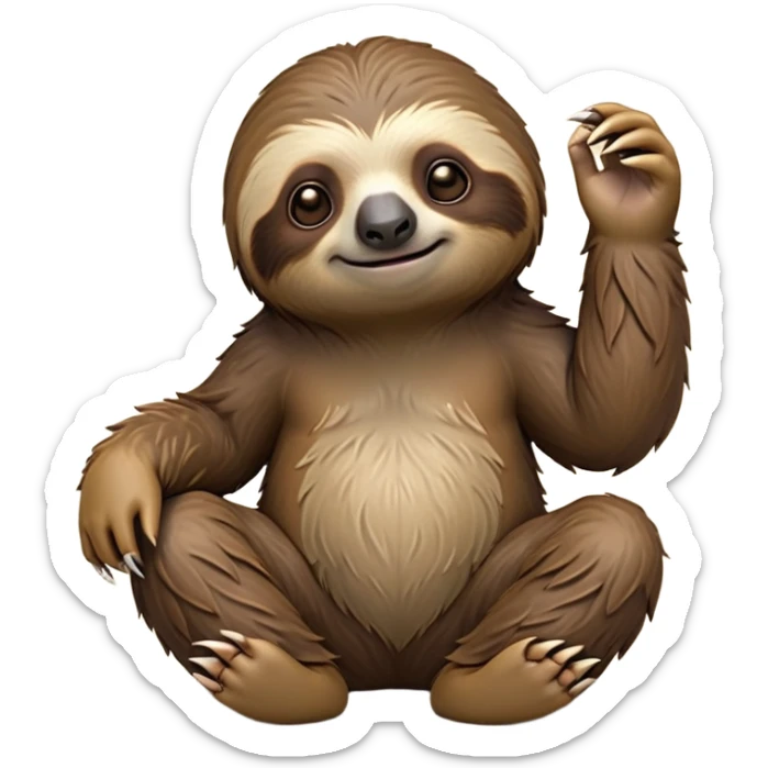 cinematic-sloth-realistic-full-body-sitting-emoji,-long-curved-claws-clinging,-thick-shaggy-brown-fur-slightly-ruffled,-head-tilted-dramatically,-slow-blinking-eyes-filled-with-serene-wisdom,-simplified-yet-realistic-focused-features,-highly-detailed,-glowing-with-an-almost-sarcastic-glow sticker