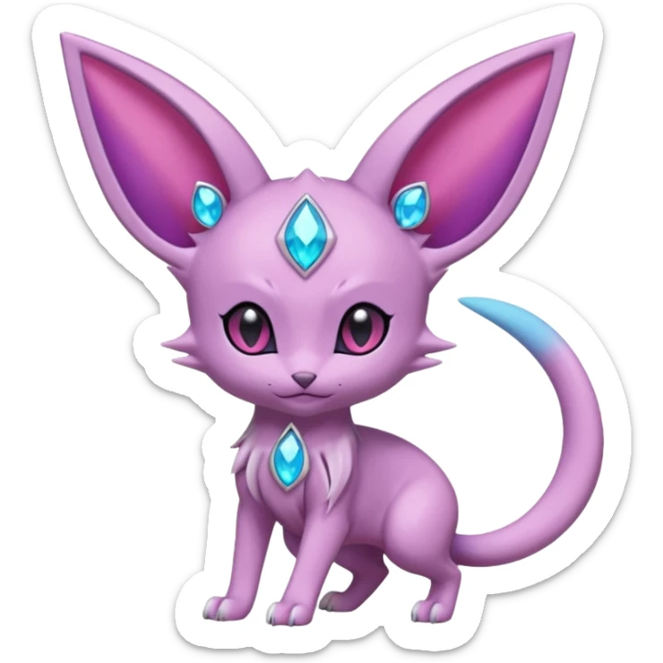 Espeon pokemon, pastel purple body color, dark pink jewel middle of forehead only, end of tail split in two, ear like flaps coming out 
of each cheek, inside of big pointy ears is blue
 (full body) sticker