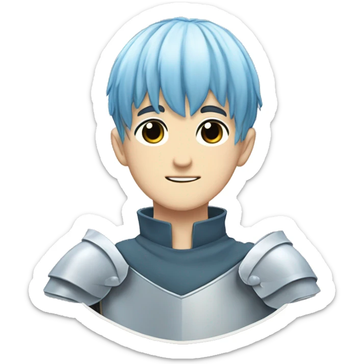 Himmel from the anime Frieren. He has blue bowl cut hair. He's white. He's a knight. He has elongated eyes. His skin is white. sticker