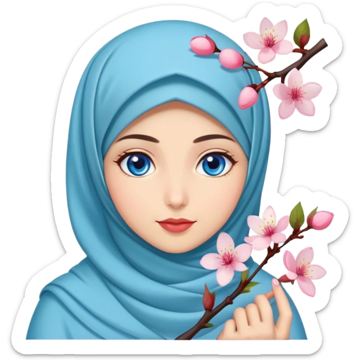 Turkish beautiful finish Konya girl blue eyes with hijab islamic dress and had on her hand cherry blossom sticker