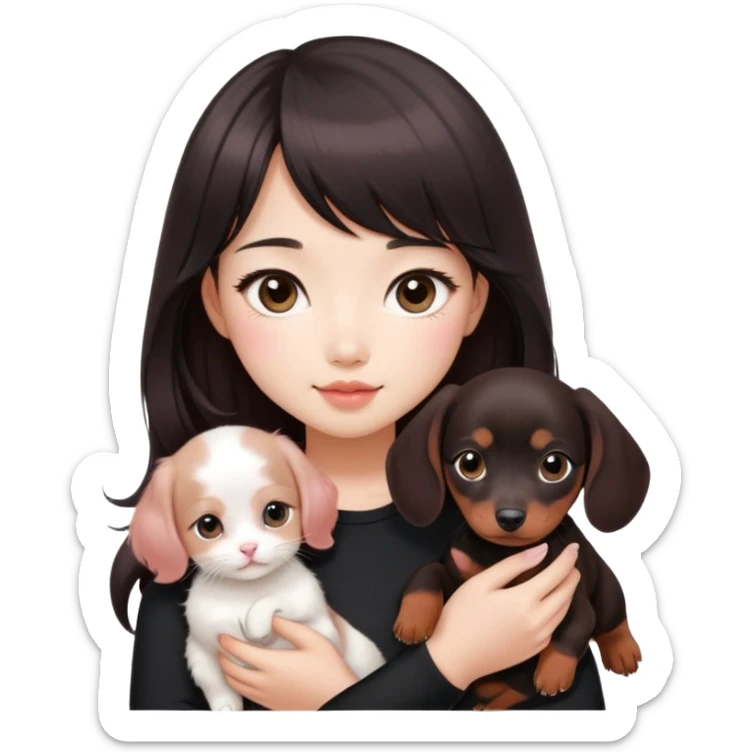Asain girl with pink blush, wearing a black skinny top, long dark brown curled hair with straight bangs. Carrying a white kitten and a brown dashund puppy.  sticker
