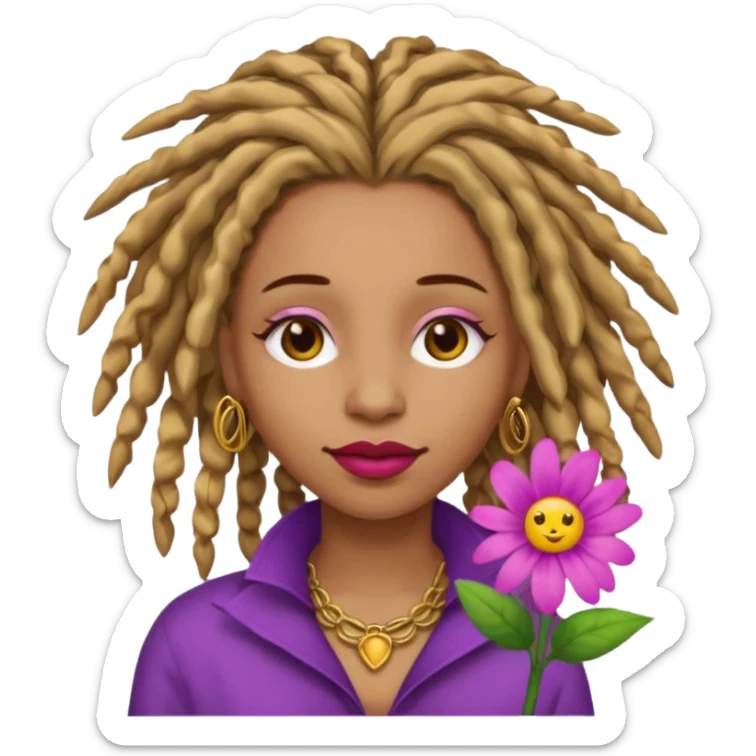 Gold dread locs pink emoji face purple flower in the hair red lipstick light brown face   sticker