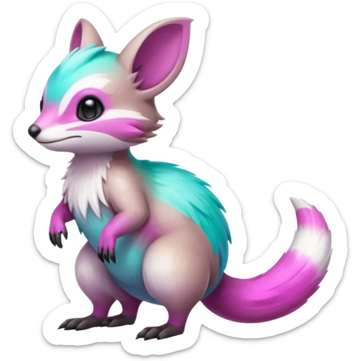 Iridescent Neon Green-Cyan-Magenta-gradients Minccino-Emolga-Numbat-Sergal-fusion-hybrid-animal-creature, full body sticker