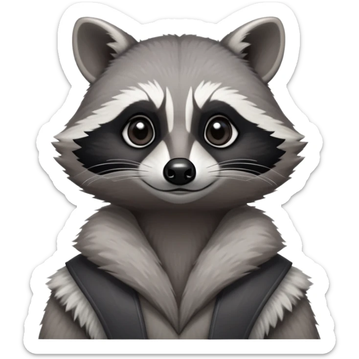Cinematic-Noble-Raccoon-Portrait-Emoji – Poised and confident, with a sturdy build and a beautifully textured fur of silver-grey accented by dark black facial markings, deep-set, large big black eyes revealing no white, simplified yet sharp and sophisticated zoom out to show shoulders sticker