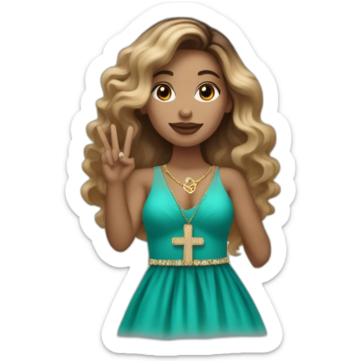 Draw a Latina woman with caramel-colored skin and long wavy dark brown and blonde ombré hair in a turquoise evening dress and wearing a cross necklace, holding up a peace sign sticker