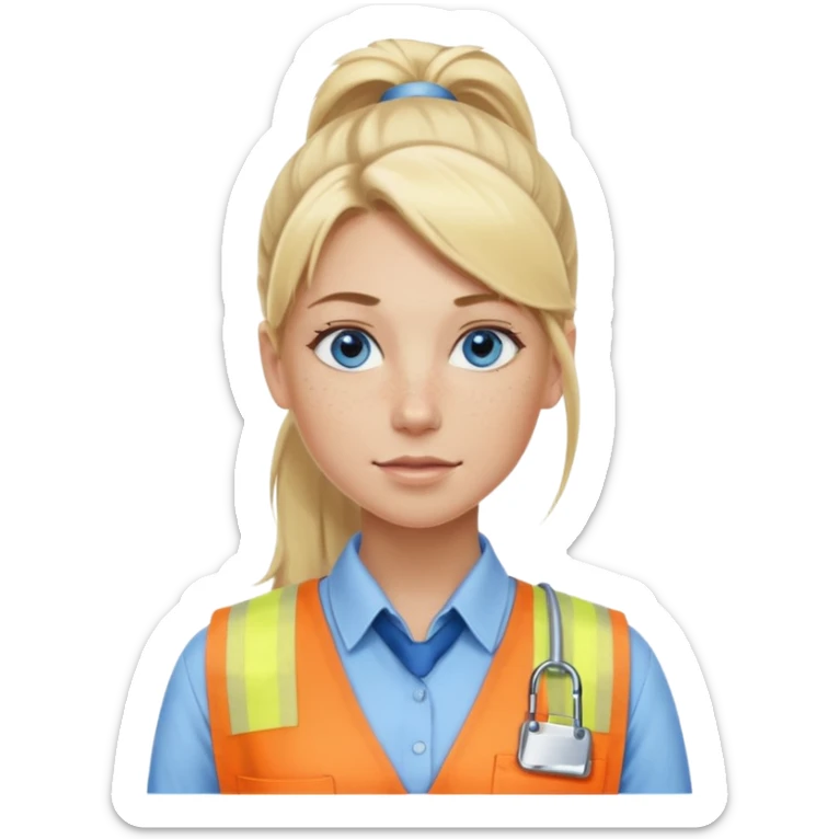 Just a head, blonde hair with lowlights in a ponytail, blue eyes, some freckles, a little older female ready to get some tasks done at work sticker